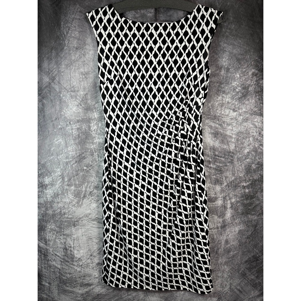 Lauren Ralph Lauren Sheath Dress Women 6 Black White Geometric Ruched Sleeveless
